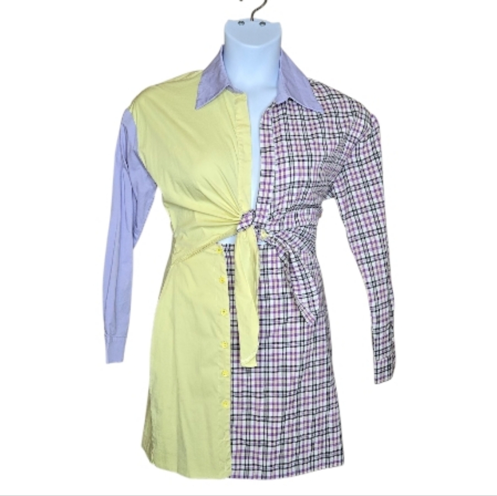 AKIRA plaid mixed pattern tie button up shirt long sleeve dress S‎